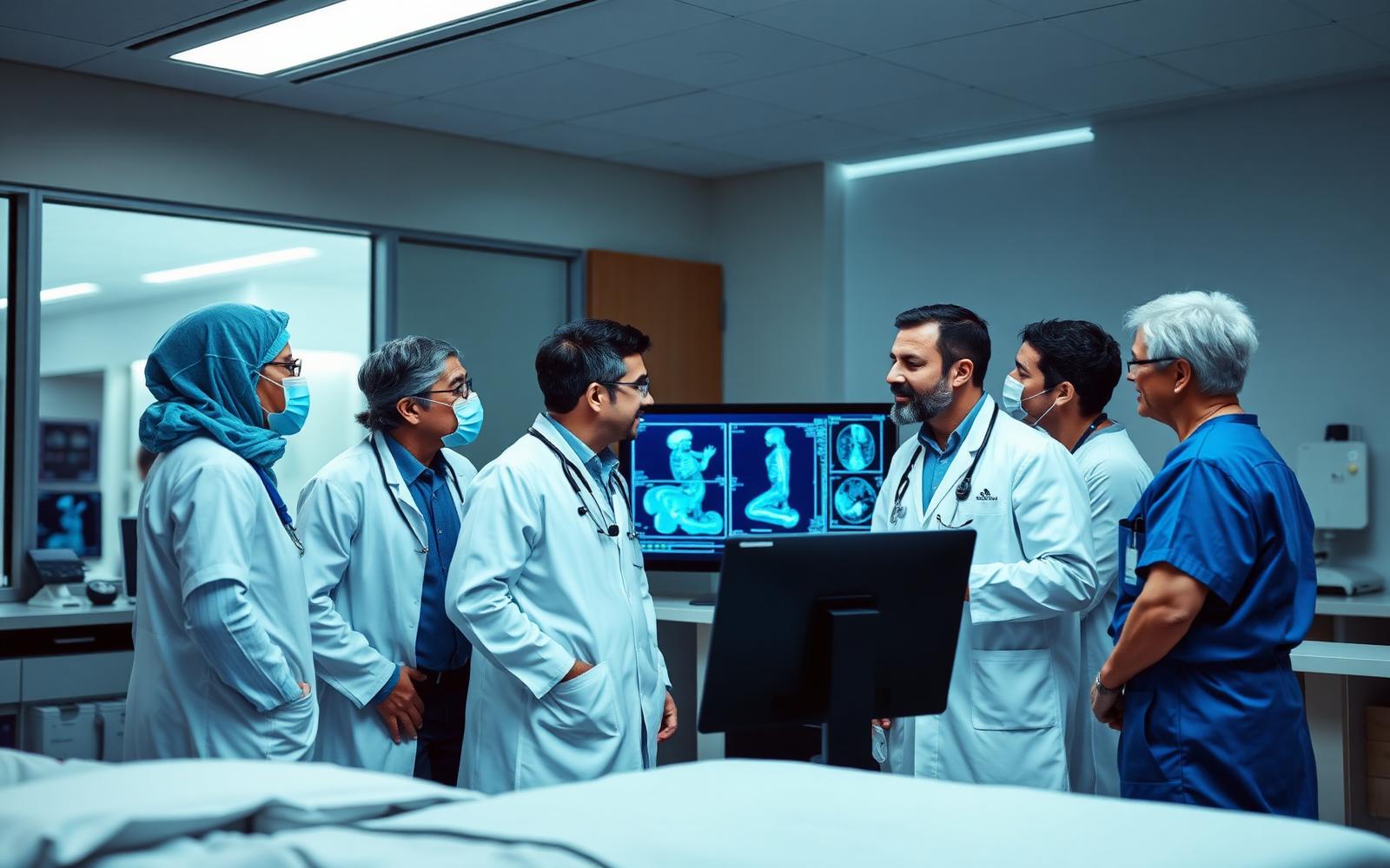Multidisciplinary team of specialists reviewing a patient case