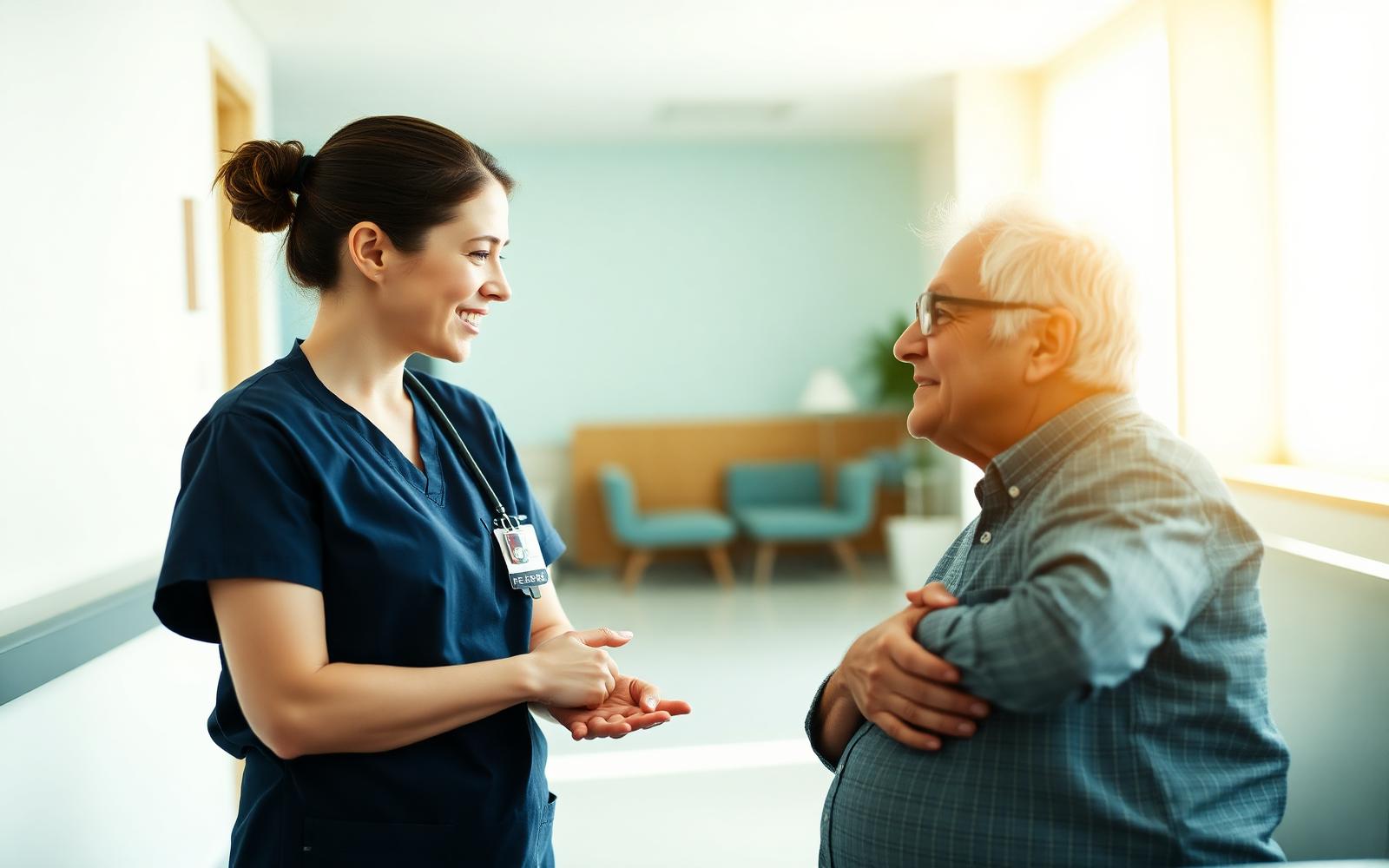 A personal care manager speaking with a patient in a hospital
